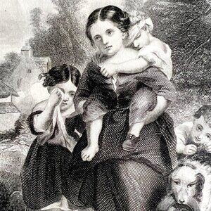 1859 Steel Engraving The Birds Nesters Victorian Mother And Children Art DWY5D